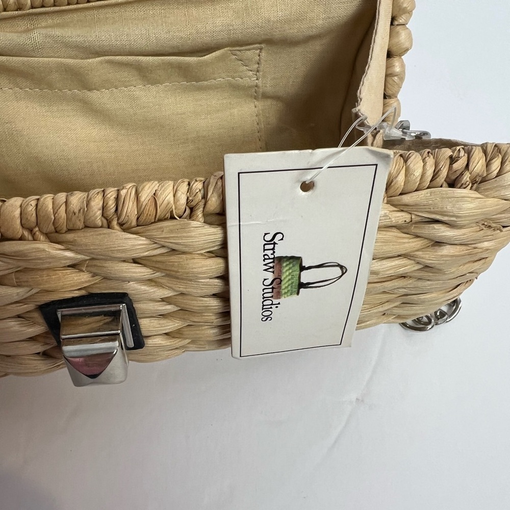 Straw studios weaved Ratan Shoulder Bag purse chain strap Pink , Tan , Navy NWT - Picture 6 of 10